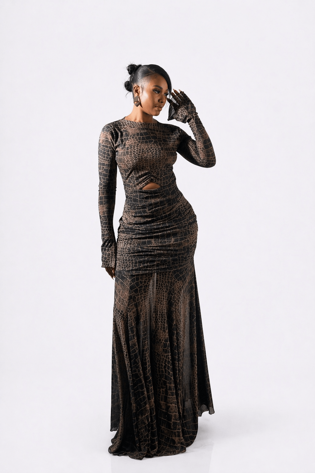 Brown Croc Print Mesh Maxi Dress with Cut-Out | The Zara in Obsidian Crackle The Rail Clothing Nigeria Brown Croc Print Mesh Maxi Dress with Cut-Out | The Zara in Obsidian Crackle The Rail Clothing Nigeria