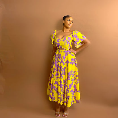 Sari Midi Dress (Yellow and Purple)