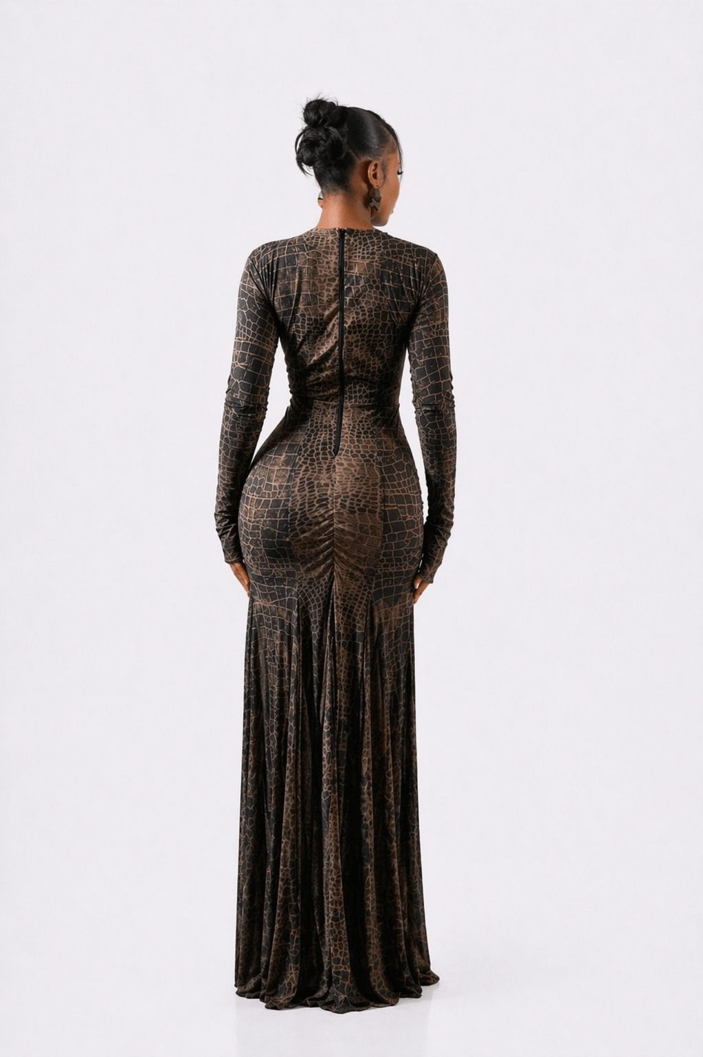 Brown Croc Print Mesh Maxi Dress with Cut-Out